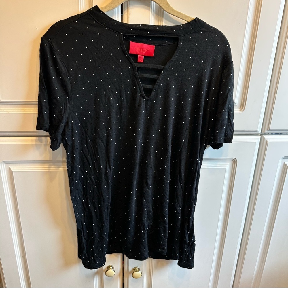 Jennifer Lopez Black Short-Sleeve V-Neck Tee with Tiny Dot Print, Size: L